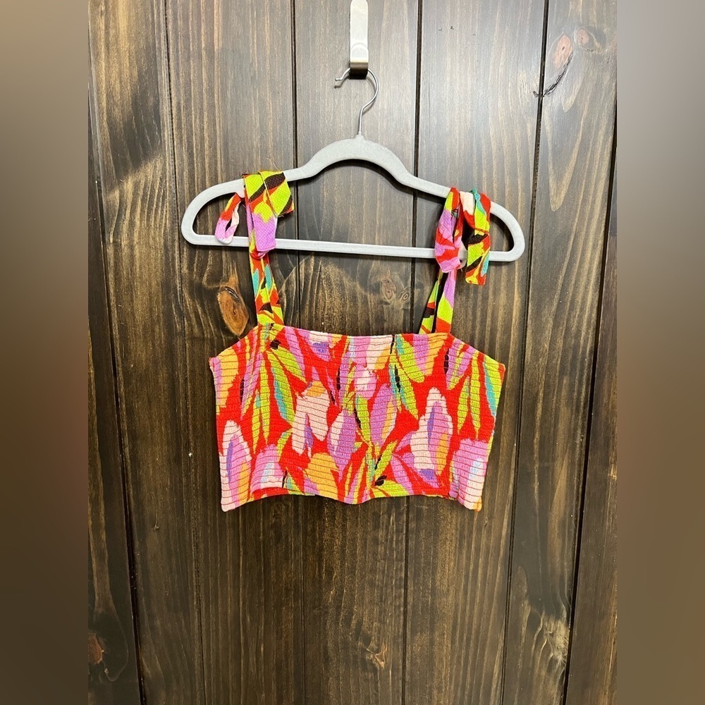 Lulus Red, Tropical-Multi Print Smocked Tie-Strap Top - 
Size: XL - Picture 2 of 8